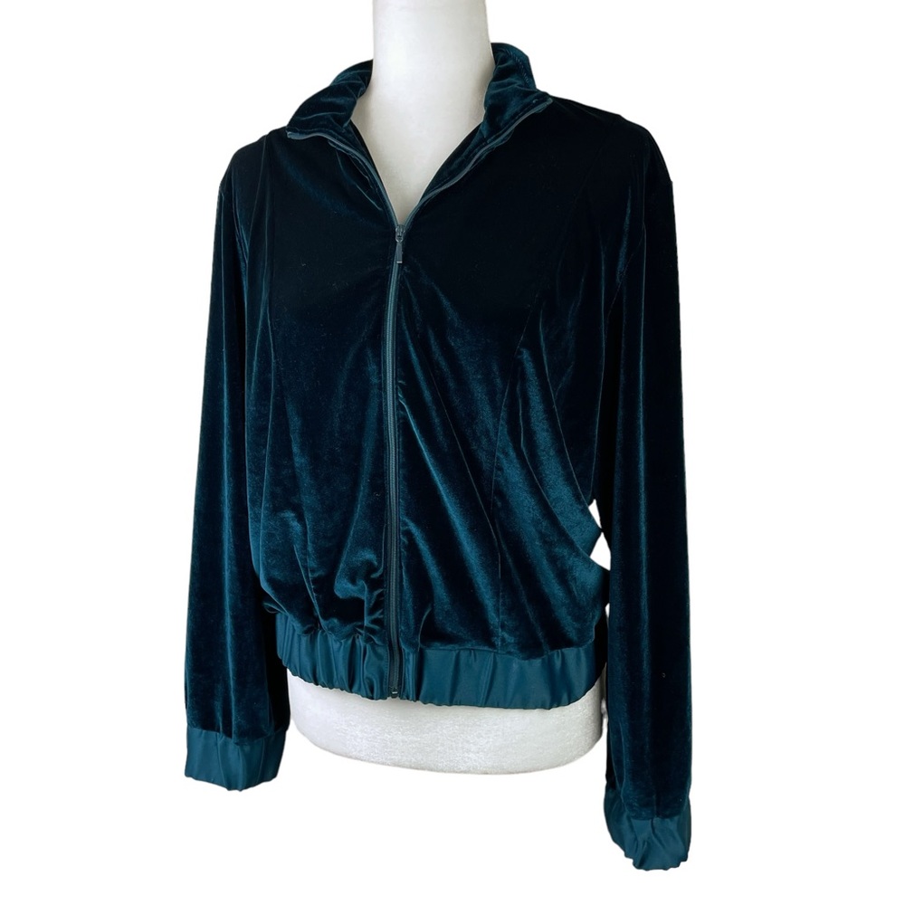 Stretch Velvet Athleisure Bomber Jacket Satin Cuffs Waist Teal Size M